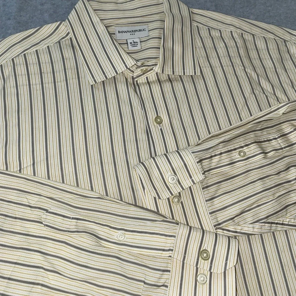 Banana Republic Button Up Shirt Men's L 16-16.5 Yellow Gray‎ Stripe Long Sleeve